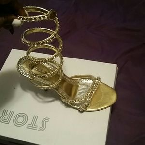 Gold rhinestone ankle strap heel